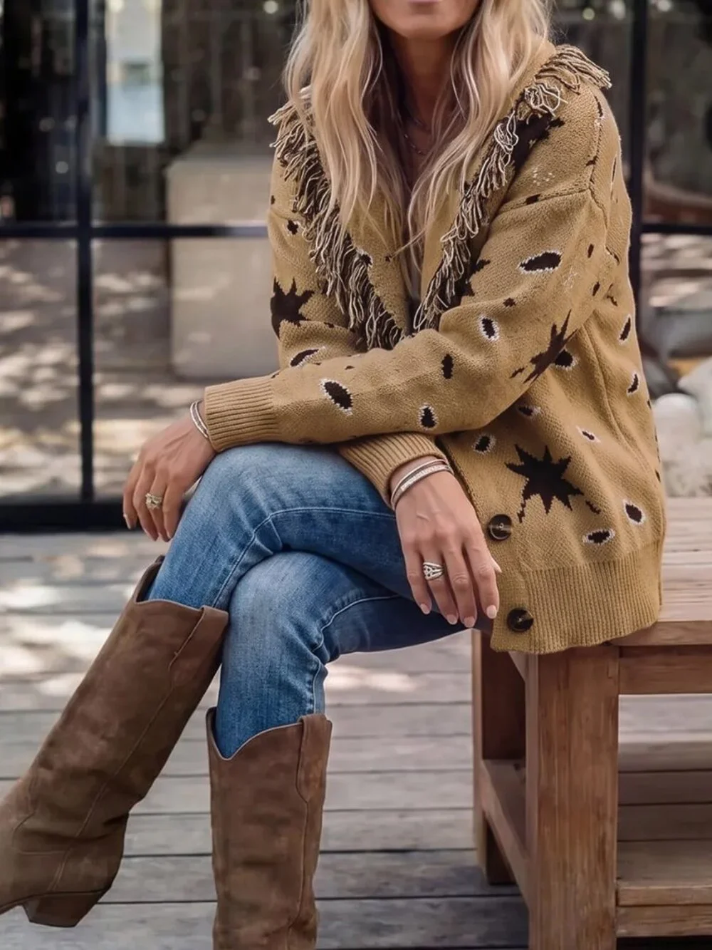 Brown Casual Women's Vacation Tassel Decor Cardigan